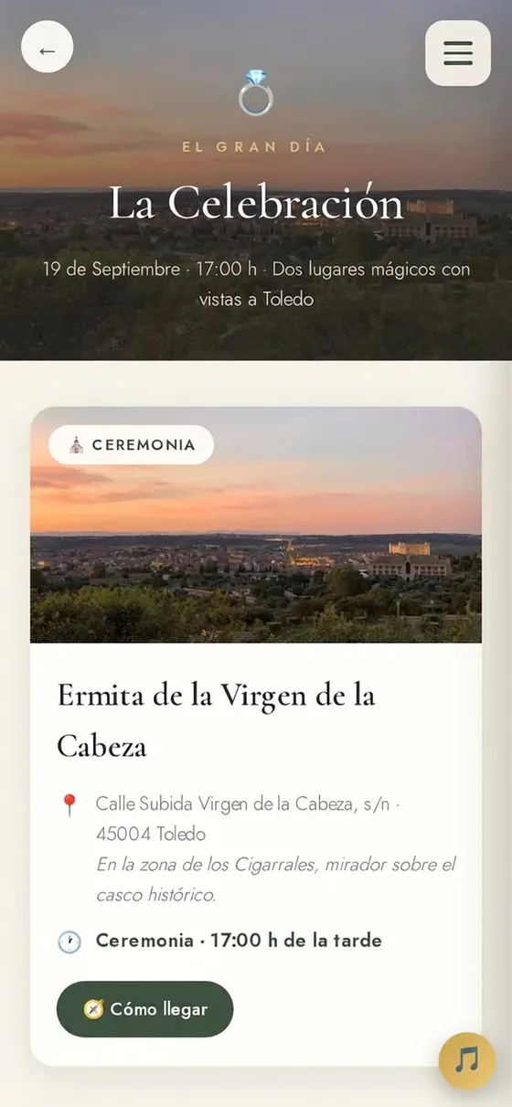 Sección La Boda con horarios y ubicaciones del gran día