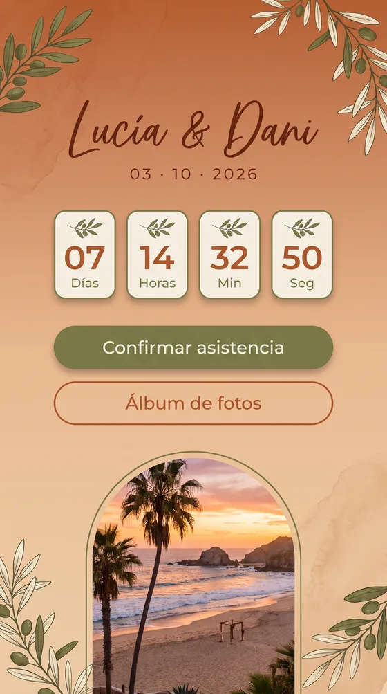 Diseño boho mediterráneo de la app de bodas con cuenta atrás y confirmación de asistencia