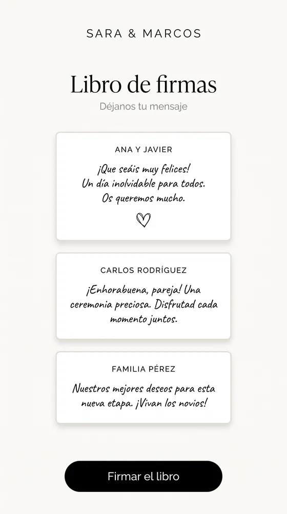 Libro de firmas digital de la app de bodas: mensajes y dedicatorias de los invitados