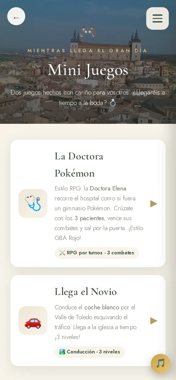 Sección Mini Juegos con videojuegos personalizados de los novios